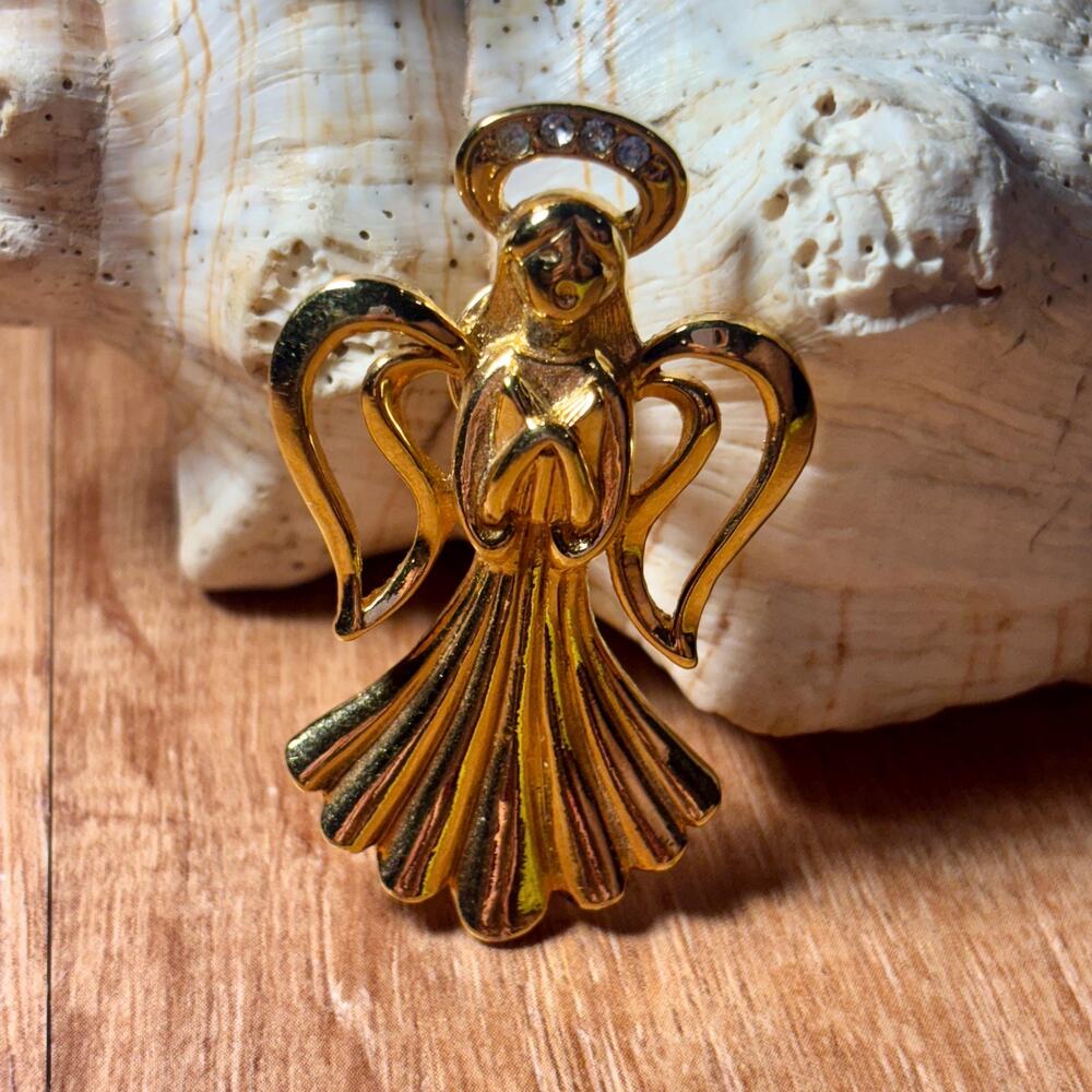 Vintage Angel Brooch Gold Tone Rhinestone Halo Guardian Angel Pin